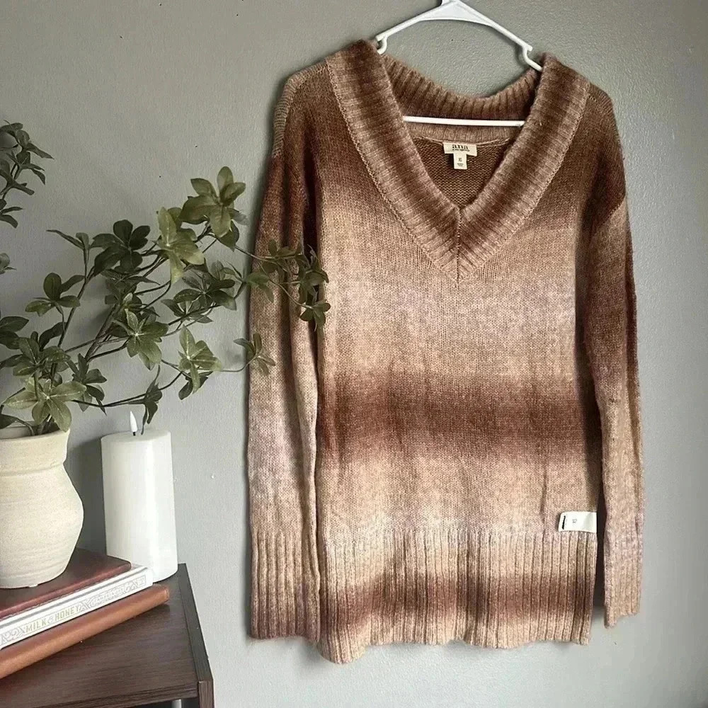 a.n.a Ombre V-Neck Sweater Neutral Brown Tan Cozy Knit Boho Fall Layering XS NWT - Picture 3 of 7